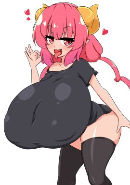 breasts breasts_bigger_than_head covered_nipples dragon_girl dragon_horns female female_focus female_only horns huge_breasts humanoid hyper_breasts ilulu_(dragon_maid) light-skinned_female light_skin looking_at_viewer miss_kobayashi's_dragon_maid moyashi_udon nipple_bulge on_knees pasties red_hair shortstack small_but_busty tongue tongue_out top_heavy twintails voluptuous