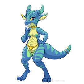 anthro areola blue_body bracelet breasts carniscorner collar digital_media_(artwork) digitigrade ear_piercing ear_ring eyebrow_spikes female genitals gold_(metal) gold_jewelry horn jewelry jewelry_only kobold lizard looking_at_viewer nipples non-mammal_breasts nude nude_anthro nude_female piercing purple_eyes pussy reptile ring_piercing scalie simple_background small_breasts smile solo tail tan_body vulva yellow_sclera