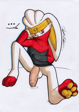 absurd_res anthro balls big_balls big_penis bodily_fluids clothing foreskin generation_8_pokemon genital_fluids genitals hi_res hoodie humanoid_genitalia humanoid_penis kerchief lagomorph male mammal nintendo penis pokemon pokemon_(species) raboot rotten_owl simple_background solo topwear traditional_media_(artwork) uncircumcised white_background white_body