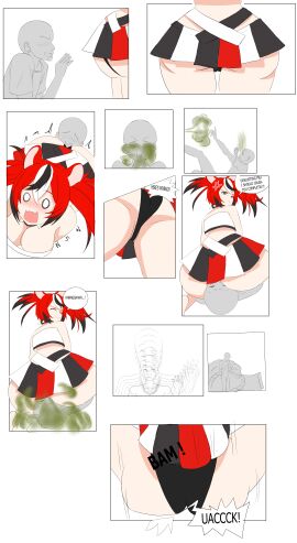 comic comic_page commission commission_art fart fart_cloud fart_fetish hakos_baelz hololive huge_ass huge_butt red_hair request shrinking sitting_on_face skimpy_clothes skirt sniffing sniffing_ass surprised surprised_expression thick_ass thick_legs thick_thighs upskirt wide_hips