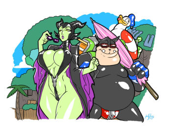 1boy 1girls 2020 2d 2d_(artwork) a_goofy_movie anthro background backpack beach_toy beach_umbrella big_body big_breasts black_cape black_cloak black_clothing black_swimsuit blue_sky breasts bucket cape character_doll cloud cowboy_shot crotch_zipper curvaceous curvy day daytime disney disney_villains donald_duck dragoness facing_viewer fat fat_body fat_male female fingerless_gloves green_skin holding_sunglasses horned_headwear horns hourglass_figure kingdom_hearts life_ring linea_alba mad-project male maleficent monster_girl neckwear outdoors palm_tree parted_lips partially_clothed_female partially_clothed_male pete_(disney) pink_umbrella public_domain purple_clothing purple_lipstick queen revealing_swimsuit rubber_duck shovel sleeping_beauty_(1959_film) sling_bikini sling_swimsuit slingshot_bikini slingshot_swimsuit sorceress speedo sunglasses swim_briefs thick_thighs thighs tree tropical_setting video_game video_game_background villain villainess voluptuous wholesome wide_hips yellow_eyes zipper zipper_pull_tab
