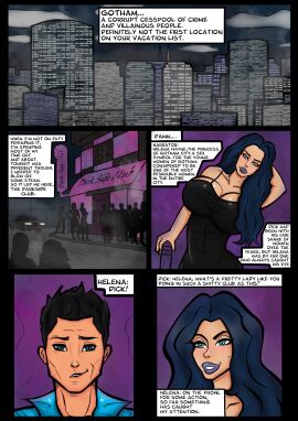 adoptive_incest adoptive_siblings axitrone batman_(series) bimbo bimbo_body bimbofication bimbofied black_dress black_hair brown_hair comic comic_page comic_strip dc dc_comics dick_grayson female gotham_city helena_wayne huntress_(dc) jacket light-skinned_female light-skinned_male light_skin lipstick male night_sky nightclub nightwing seductive thick_thighs tight_clothing