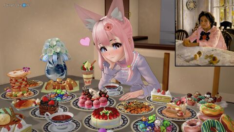 16:9 1girls 3d 3d_(artwork) 4k animal_ears cake candles cat_mouth cookie cute donut dress female female_focus fine_art_parody flowers flyingcookie fox_ears fox_girl happy heart kemonomimi kitchen koikatsu looking_at_viewer open_eyes original original_character pink_dress pink_eyes pink_hair rose_(flower) sfw short_hair sweets tea touching touching_face touching_self watermark wholesome young younger_female