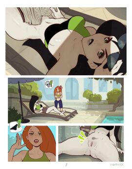 2d 2d_(artwork) 2girls black_hair bottomless breasts comic comic_page commando curvaceous curvy curvy_body curvy_female curvy_figure detailed_background disney exposed_pussy female female_focus female_only going_commando green_eyes hi_res high_resolution highres hornyx kim_possible kimberly_ann_possible multiple_females multiple_girls page_1 page_number pussy red_hair shego sunglasses thick_thighs wide_hips yuri
