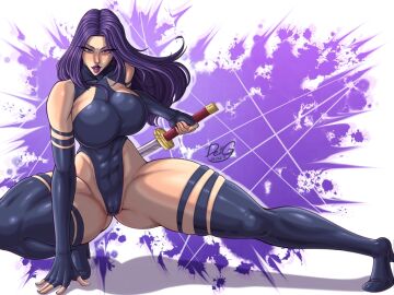 1girls abs blush color deigart female female_focus female_only fit fit_female hi_res high_heel_boots high_heels light-skinned_female light_skin long_hair looking_at_viewer marvel marvel_comics muscular muscular_female muscular_thighs psylocke_(kwannon) purple_hair solo solo_female tagme thick_thighs x-men