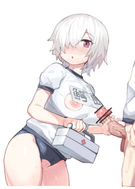 1boy 1girls absurdres blush breasts brown_eyes buruma censored commentary_request crotch_cutout erection female gym_uniform hair_over_one_eye handjob henry_bird_9 highres large_breasts light-skinned_female light-skinned_male light_skin looking_at_viewer male name_tag nipple_cutout nipples open_mouth original penis pussy pussy_juice short_hair simple_background sweat variant_set waving white_background white_hair