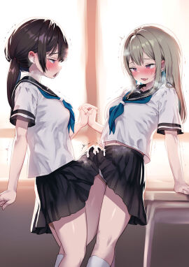 2futas absurdres arm_support ayanakitori black_hair black_skirt blonde_hair blue_neckerchief blush breasts clothed clothing cum cum_on_clothes dicks_touching duo ejaculation erection_under_clothes female frottage futa_on_futa futa_only futa_with_futa futanari grey_hair highres holding_hands human interlocked_fingers intersex light-skinned_futa light_skin long_hair medium_hair mostly_clothed multiple_females multiple_girls neckerchief original penis penises_touching red_eyes school_uniform serafuku shirt short_sleeves skirt standing sweat tenting textless_version trembling twintails white_shirt