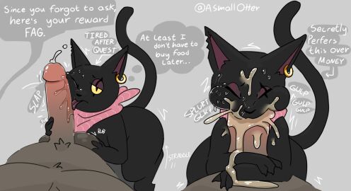 a_cat_is_fine_too anthro asmallotter balls balls_fondling balls_grab bandana big_balls big_penis black_body bodily_fluids cat_tail cockslap cum cum_as_food cum_drip cum_in_mouth cum_inside cum_on_face dialogue drinking drinking_cum dripping dungeons_and_dragons duo ear_piercing ear_ring ejaculation felid feline fellatio fondling furry genital_fluids genitals gold_(metal) gold_jewelry gulp_(sound_effect) hasbro hi_res hug hugging_another hugging_penis humanoid_genitalia jewelry kerchief large_insertion licking looking_pleasured lying male male/male male_penetrated mammal neckerchief notched_ear on_back oral oral_penetration penetration penile penis penis_lick piercing precum precum_on_penis quality reward reward_sex ring_piercing saliva saliva_on_face saliva_on_penis secretly_loves_it sex signature simple_background size_difference slap slur speech_bubble straddling submissive submissive_male swallowing tabaxi thought_bubble tired tongue wizards_of_the_coast yellow_eyes