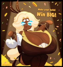 1girls big_breasts breasts bunny_ears coin coins cookie_run dark-skinned_female dark_skin female female_only fromariels gambling huge_breasts hyper_breasts money mozzarella_cookie