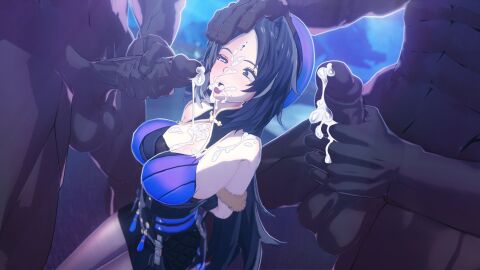 1girls 2boys 3d balls big_breasts blender breasts bukkake clothed_female_nude_male clothed_rape cum cum_on_breasts cum_on_clothes cum_on_face dark-skinned_male dark_skin dick erection facial female interracial jerking male masturbation penis penis_grab penis_out restrained self_upload video_game_character wallimog wuthering_waves yangyang_(wuthering_waves)