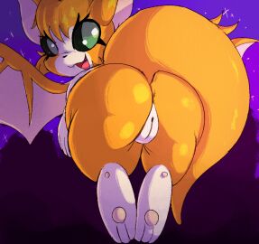 2024 anthro anus ass bat digital_media_(artwork) dust:_an_elysian_tail female feral fidget fidget_(elysian_tail) fur genitals green_eyes lodetail looking_at_viewer looking_back mammal nimbat nude open_mouth orange_body orange_fur pussy smile solo tail