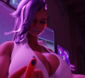 1boy 1girls 3d 3d_(artwork) alternate_version big_breasts bikini bikini_top blizzard_entertainment breasts dark-skinned_female dark_skin dbhfrost female female_focus huge_boobs huge_breasts male mexican mexican_female olivia_colomar overwatch overwatch_2 purple-haired_female purple_hair scrag_sombra shrunk shrunken_male sombra