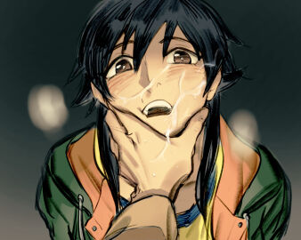 1other after_ejaculation ambiguous_gender black_hair blush brown_eyes brown_sleeves coin cum cum_on_hands doya facial female grabbing_another's_chin gradient_background green_jacket hand_on_another's_chin holding holding_coin jacket looking_at_viewer nose nostrils open_mouth raging_loop serizawa_chiemi shirt teeth third-party_edit yellow_shirt