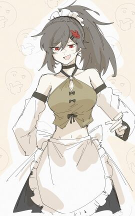 1girls apron bare_shoulders bear_hair_ornament black_choker black_skirt brown_hair carmen_(lobotomy_corporation) choker detached_sleeves emoji female frilled_apron frills hair_ornament high_ponytail lobotomy_corporation maid maid_apron maid_headdress project_moon red_eyes sketch skirt solo sweatdrop thinking_emoji