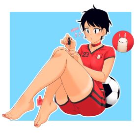 1boy ass barefoot black_hair choker earrings english english_text feet femboy male male_only oc onomatopoeia painting painting_nails pink_nails simple_background sitting sitting_on_floor soccer soccer_ball soccer_boy soccer_player soccer_uniform solo solo_male suiren_ciao thighs whistle