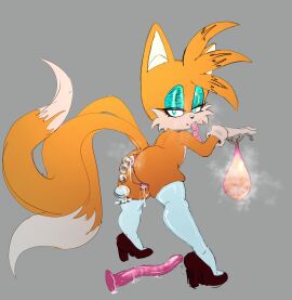 2_tails alternate_version_available anal_beads anal_beads_in_ass anthro ass back_view big_ass blue_eyes blue_eyeshadow bubble_butt canid canine chastity_cage chastity_device condom condom_balloon condom_in_mouth condom_packet_strip condom_wrapper cum cum_in_chastity femboy feminine_tails filled_condom flat_chastity_cage fox fox_ears fox_tail grey_background hi_res high_heels highres long_dildo looking_at_viewer looking_back male mobian mobian_(species) mostly_nude mostly_nude_anthro mostly_nude_male orange_fur puffy_anus rear_view sega sex_toy silencioarthub solo solo_anthro solo_femboy solo_male sonic_(series) sonic_the_hedgehog_(series) stockings tails tails_the_fox thigh_squish thighhighs twintails