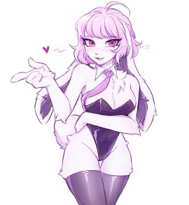 1girls 2d 3rdperson_iz bean_mel breasts bunny_ears bunny_girl bunnysuit collar female female_only large_breasts looking_at_viewer pink_eyes pink_hair solid_color_background solo solo_female standing white_background white_fur