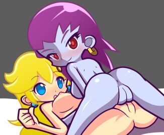2girls :o anus ass blonde_hair blue_eyes blush breasts cameltoe cleft_of_venus colored_skin completely_nude crossover ear_piercing earrings eastern_and_western_character fat_mons female furii_(artist) large_butt long_hair mario_(series) multiple_females multiple_girls nintendo nipples nude nude_female parody piercing princess_peach puffy_pussy purple_hair purple_skin pussy pussy_sandwich puyo_puyo_artstyle red_eyes risky_boots shantae shaved_vagina sideboob small_breasts super_mario_bros. uncensored wayforward yuri