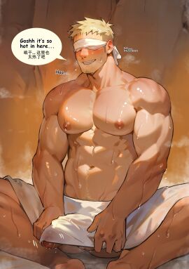 1boy abs absurd_res absurdres balls balls_peek bara big_bulge big_muscles big_pecs big_penis blindfold blindfolded blindfolded_male blonde blonde-haired_male blonde_hair blonde_male blonde_pubic_hair blush breasts bulge busty busty_male delicious_in_dungeon dungeon_meshi english_text erect_penis erection erection_under_towel goatee happy_trail heavy_sweating hi_res highres human human_only laios_touden light-skinned_male light_skin male male_chest male_nipples male_only male_with_breasts miesicomic moobs muscles muscular muscular_arms muscular_chest muscular_male muscular_shoulders muscular_thighs naked nipples nude nude_male penis penis_outline penis_peek penis_under_towel shy shy_smile sitting smile smiling solo solo_focus solo_male stubble sweat sweatdrop sweating sweaty text thick_penis towel towel_only yaoi