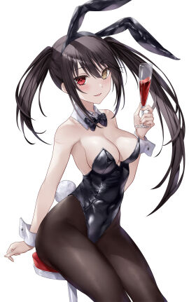 2d 2d_(artwork) asle black_bunnysuit black_hair breasts bunny_ears bunny_girl bunny_tail bunnysuit chair date_a_live female female_only heterochromia light-skinned_female light_skin pantyhose red_eyes sitting slender_body slender_waist solo solo_female thighs tokisaki_kurumi twintails wine_glass