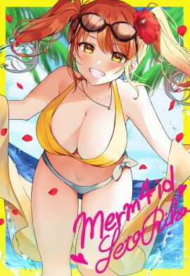 beach big_breasts blush border breasts d4dj female flower_petals seto_rika swimsuit text thick_thighs water yam_(yamap_mako)