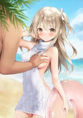 ai_assisted ai_generated animated backless_sweater bare_shoulders beach blush bottomless breast_grab breast_tape breasts brown_eyes brown_hair cleavage collarbone completely_nude day female_focus hair_ribbon long_hair looking_at_viewer medium_breasts navel nude ocean pussy pussy_juice sound sweater_lift sweaty tagme thighs third-party_edit video weri wrist_cuffs