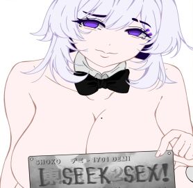 1girls big_breasts birthmark bow_tie breasts demi_(artist) female female_only huge_breasts meme original original_character purple_eyes smile solo solo_female text white_background white_hair white_skin