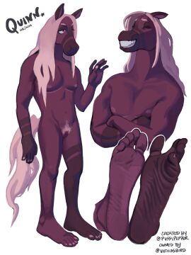 5_toes anthro areola biped clenched_teeth cuntboy english_text equid equine feet foot_focus genitals hair hi_res horse humanoid_feet intersex long_hair male mammal mastectomy_scar muscular muscular_anthro muscular_cuntboy muscular_intersex muscular_male navel nipples nude plantigrade pubes pussy pussypepper quinn_(vathiasbird) scar signature smile soles solo teeth text toes