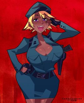 blonde_hair blush breasts brown_body brown_skin character_request cleavage dark-skinned_female dark_skin fangdangler female female_focus female_only gloves heart-shaped_pupils original original_character purple_eyes red_background salute short_hair