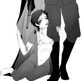 1boy 1girls abuse barefoot bikini blush breasts bruise bruised bruises eriurias73 fear_and_hunger fear_and_hunger:_termina female female_focus genderswap genderswap_(mtf) gun jumpsuit levi_(fear_and_hunger) looking_at_viewer male micro_bikini military military_uniform monochrome needle_mark nipple_bulge nosebleed open_jumpsuit pav_(fear_and_hunger) pavel_yudin ribs rule_63 ryona short_hair sitting skinny small_breasts smile solo_focus submissive submissive_female syringe_marks track_marks uniform unseen_male_face very_short_hair weapon