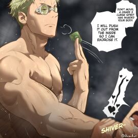 bara blonde_hair chest condom condom_in_hand duwidun gay haruta_shigemo jujutsu_kaisen kento_nanami male male_focus male_only mature_male muscular muscular_arms muscular_male nipples open_mouth pecs pectorals serious veiny_arms yaoi