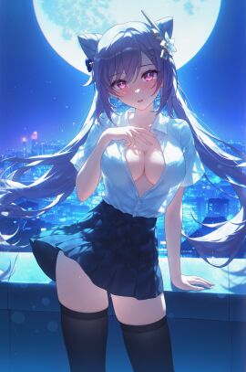 absurd_res ai_generated alternate_costume arm_support backlighting black_bow black_skirt black_thighhighs blue_bow blue_skirt blue_sky blurry blurry_background blush bokeh bow braid breasts breasts_apart building button_gap buttons center_opening city city_lights cityscape cleavage clothes_lift collarbone collared_shirt cone_hair_bun contemporary contrapposto cowboy_shot diamond-shaped_pupils diamond_(shape) double_bun dress_shirt earrings female floating_hair flower full_moon genshin_impact glint hair_between_eyes hair_bun hair_flower hair_intakes hair_ornament hairbow hairclip hand_on_own_chest hand_up head_tilt heart heart-shaped_pupils high-waist_skirt huge_moon jewelry keqing_(genshin_impact) large_breasts leaning_to_the_side lens_flare light_particles long_hair looking_at_viewer medium_breasts miniskirt ministro mole mole_on_breast moon moonlight neck_tassel night night_sky no_bra open_clothes open_mouth open_shirt outdoors parted_lips partially_unbuttoned pink_eyes pleated_skirt purple_bow purple_eyes purple_hair railing rooftop school_uniform see-through see-through_shirt see-through_silhouette shirt shirt_tucked_in short_sleeves sidelocks skindentation skirt skirt_lift sky skyline skyscraper smile solo standing star_(sky) starry_sky swept_bangs symbol-shaped_pupils teeth thighhighs thighs twintails unbuttoned unbuttoned_shirt upper_teeth_only very_long_hair white_flower white_shirt wind wind_lift wing_collar zettai_ryouiki