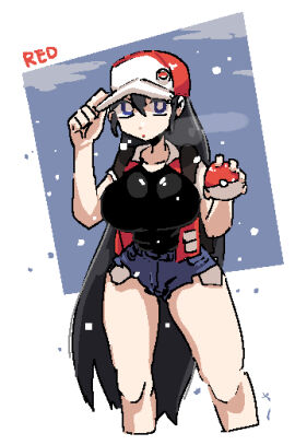 1girls baseball_cap black_hair blue_eyes breasts cap female genderswap genderswap_(mtf) hat jean_shorts large_breasts leebongchun pokeball pokemon red_(pokemon) rule_63 shorts snow snowing solo trucker_hat very_long_hair