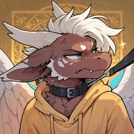 ai_generated anthro collar dragon feathered_wings feathers fluffy furry hoodie hypai icon leash leash_and_collar leash_pull sfw wings