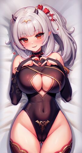 1girls ass_visible_through_thighs bangle bare_shoulders bed_sheet big_breasts black_leotard black_thighhighs blush bracelet breasts bridal_gauntlets cameltoe choker cleavage cleavage_cutout cleft_of_venus clickdraws clothing_cutout covered_navel dakimakura_(medium) demon_horns female female_only fit fit_female fully_clothed gluteal_fold gold_trim goth goth_girl groin hair_ribbon hands_up heart heart_hands highleg highleg_leotard highres horns hourglass_figure indie_virtual_youtuber jewelry large_breasts leotard light-skinned_female light_skin long_hair looking_at_viewer lucy_pyre lying navel oerba_yun_fang on_back open_mouth pointy_ears pubic_tattoo pussy red_choker red_eyes revealing_clothes ribbon ribbon_choker side_ponytail slim_waist smile solo thick_thighs thigh_gap thighhighs thighs tight_clothing underboob_cutout virtual_youtuber white_hair wide_hips
