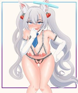 1girls :d animal_ears ass_visible_through_thighs blue_eyes blush bra breasts cherry_hair_ornament cupless_bra detached_collar elbow_gloves female fox_ears fox_girl gloves hair_between_eyes hair_ornament halo hand_on_hip heart heart-shaped_pupils highres indie_virtual_youtuber kirsche_verstahl large_breasts long_hair looking_at_viewer micro_panties necktie nipples panties porkshack pubic_hair saliva solo sweat symbol-shaped_pupils thigh_gap tongue tongue_out twintails underwear very_long_hair virtual_youtuber white_gloves white_hair