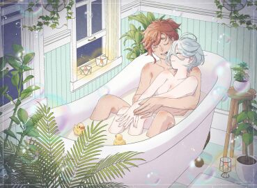 2girls ahoge arms_around_partner artist_name bath bathing bathing_together bathroom bathtub between_legs breasts bubble bubble_bath canon_couple cleavage closed_eyes color completely_nude eyebrows_visible_through_hair female fingers_together gundam gundam_suisei_no_majo hand_on_another's_arm lighting married_couple miorine_rembran nude red_hair relaxing romantic romantic_couple rubber_duck scar scars_all_over sideboob sitting smile soap_bubbles suletta_mercury takehiko89 tied_hair watermark white_hair wholesome wife_and_wife yuri