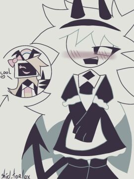 1boy 1girls blush dialogue edward_(fundamental_paper_education) female femboy fundamental_paper_education heart horns long_hair maid maid_uniform male ruby_(fundamental_paper_education) thumbs_up watermark