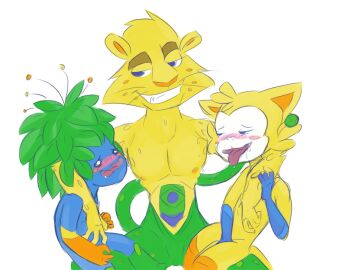 2016_rio_olympics 3boys blush drooling flora_fauna gay ginga ginga_(mascot) inkbunny low_effort low_res lowres male male_only mascot mascots no_genitals no_sex olympics open_mouth rio_2016_olympics tom_(mascot) tom_e_muito_gay unknown_artist vinicius_(mascot)