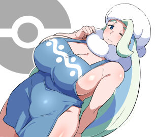 1girls ;) apron apron_only big_breasts blue_eyes blue_hair blush breasts bulge bulge_through_clothing chubby chubby_female female female_only fur_hat green_hair hair_over_one_eye hand_behind_back light-skinned_female light_skin mantan mature mature_female melony_(pokemon) milf naked_apron nintendo overweight overweight_female poke_ball_symbol pokemon pokemon_ss scarf simple_background standing thick_eyebrows thick_thighs two-tone_hair wink