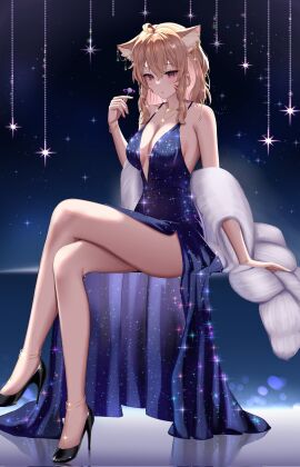 1girls animal_ears bangs bare_legs bare_shoulders black_footwear blonde_hair blue_dress blush breasts cat_ears cat_girl cat_tail catgirl cleavage collarbone constellation crossed_legs cup dress drinking_glass earrings eyebrows_visible_through_hair face_markings female full_body hair_between_eyes hand_up high_heels holding jewelry long_hair looking_at_viewer medium_breasts nail_polish red_eyes side_slit sitting sky sleeveless sleeveless_dress solo sparkle squchan_(vtuber) tail thighs virtual_youtuber vyugen