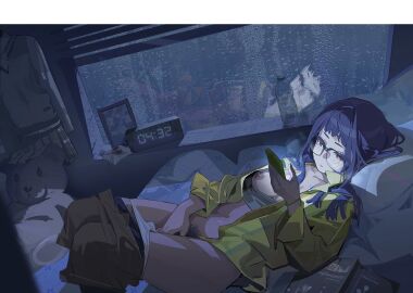 black-framed_eyewear blue_hair blue_pubic_hair book bottle breasts brown_shorts cellphone clock clothes clothes_pull clothing colored_pubic_hair condensation digital_clock electronics female female_masturbation female_pubic_hair fingering fingering_self glasses highres holding holding_phone human indoors light_blush long_hair long_sleeves looking_at_phone lying masturbation medium_breasts navel nipples on_back oogaki_chiaki open_clothes open_shirt pale_skin panties panty_pull parted_lips phone photo_(object) picture_frame plastic_bottle pubic_hair red_eyes reflection shirt shorts shorts_pull smartphone solo stuffed_animal stuffed_toy sunny_bitch sweat teddy_bear teeth underwear water_bottle white_panties window yellow_shirt yurucamp