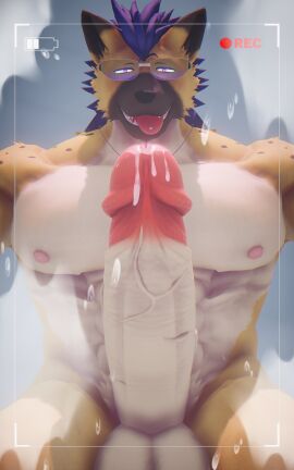 abs absurd_res anthro balls blue_hair bodily_fluids brown_body brown_fur clock cum cum_everywhere eyewear foreskin fur genital_fluids genitals glasses hair hi_res hyena male mammal messy mohawk navel nipples nude pecs penis piercing precum recording recording_video retracted_foreskin solo spotted_hyena tan_body tan_fur tongue tongue_piercing uncircumcised waidan_kai waidan_kai_(artist) watch wristwatch