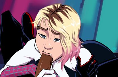 1boy 1girls blonde_hair blowjob blue_eyes canon_couple costume dark-skinned_male dark_skin eyebrow_piercing fellatio female gwen_stacy gwen_stacy_(spider-verse) hero heroine highlights_(coloring) interracial light-skinned_female light_skin male marvel marvel_comics miles_morales oral oral_penetration oral_sex pale-skinned_female pale_skin penis piercing spider-gwen spider-man:_across_the_spider-verse spider-man:_into_the_spider-verse spider-man_(miles_morales) spider-man_(series) stickymon superhero superhero_costume superheroine teenager tooth_gap