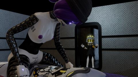 1boy 1girls 3d alexandrstariy body_pillow breasts caught_in_the_act dakimakura female glitch_productions grinding humanoid humanoid_female humanoid_male humping_pillow male murder_drones n_(murder_drones) purple_eyes purple_hair robot robot_boy robot_girl robot_humanoid screen_face stepanaan uzi_(murder_drones)