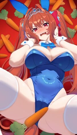 1girls big_breasts blue_bunnysuit blue_leotard breasts daiwa_scarlet_(umamusume) female large_breasts leotard reibun_(raven1119) solo twintails umamusume