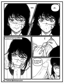 1boy 1girls 2024 big_penis black_and_white black_hair blowjob blush chainsaw_man cum_on_penis denji_(chainsaw_man) english_text female happy male open_mouth oral penis scar scar_on_face shintarouart smile surprised touching_penis twitter_username unseen_male_face yoru_(chainsaw_man)