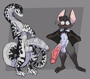 absurd_res anthro balls bat bedroom_eyes big_penis black_body black_fur black_markings black_stripes blush blush_lines cheek_tuft duo erection eyewear eyewear_only facial_tuft foreskin fur genitals glasses glasses_only green_sclera grey_background half-closed_eyes hi_res huge_cock humanoid_genitalia humanoid_penis male mammal markings membrane_(anatomy) membranous_wings narrowed_eyes neck_tuft nude penis reptile scales scalie seductive simple_background smile smirk smug smug_face snake striped_body striped_scales stripes tuft uncircumcised vein veiny_penis wearing_glasses white_body white_fur white_scales winged_arms wings xing1