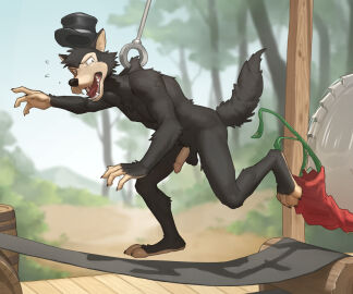 4_fingers 4_toes anthro balls big_bad_wolf_(disney) black_body black_fur black_nose bodily_fluids canid canine canis claws clothing disney fangs feet fingers fur genitals hat headgear headwear hi_res humanoid_genitalia kemono machine male male_only mammal multicolored_body multicolored_fur nude nude_anthro nude_male overalls paws penis pngx pointy_ears restrained running saw shadow solo sweat sweatdrop teeth toe_claws toes tools two-tone_body two-tone_fur undressing wolf