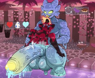 absurd_res after_anal after_sex amphibian anthro anus balls bedroom_eyes big_balls big_penis black_body black_sclera black_skin blonde_hair blue_goo blush blush_stickers bodily_fluids cum cum_inside duo emoji english_text erection frog genital_fluids genitals goo_creature goo_humanoid hair hair_over_eye half-closed_eyes hi_res highlights_(coloring) huge_balls huge_cock humanoid humanoid_genitalia humanoid_penis inflation looking_pleasured male male/male mrt0ony multicolored_body multicolored_skin muscle_tone muscles muscular muscular_humanoid muscular_male narrowed_eyes open_mouth open_smile orange_highlights pecs penis poolside red_body red_skin seductive size_difference smile sound_effects text two-tone_body two-tone_skin vein veiny_penis wide_eyed